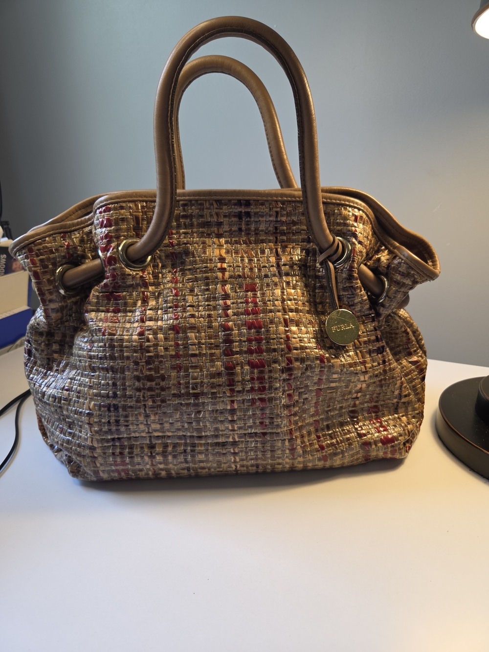 Furla Multicolor Tweed Tote with Brown Leather Handles